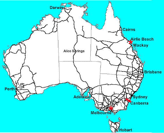 Location of major Australian cities and Airlie Beach